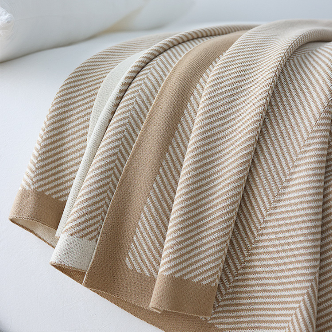 Beige Herringbone Throw Blanket