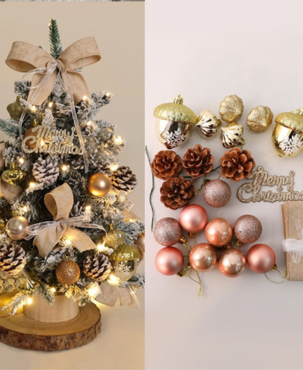 Golden Acorn Snowy Tree with Lights