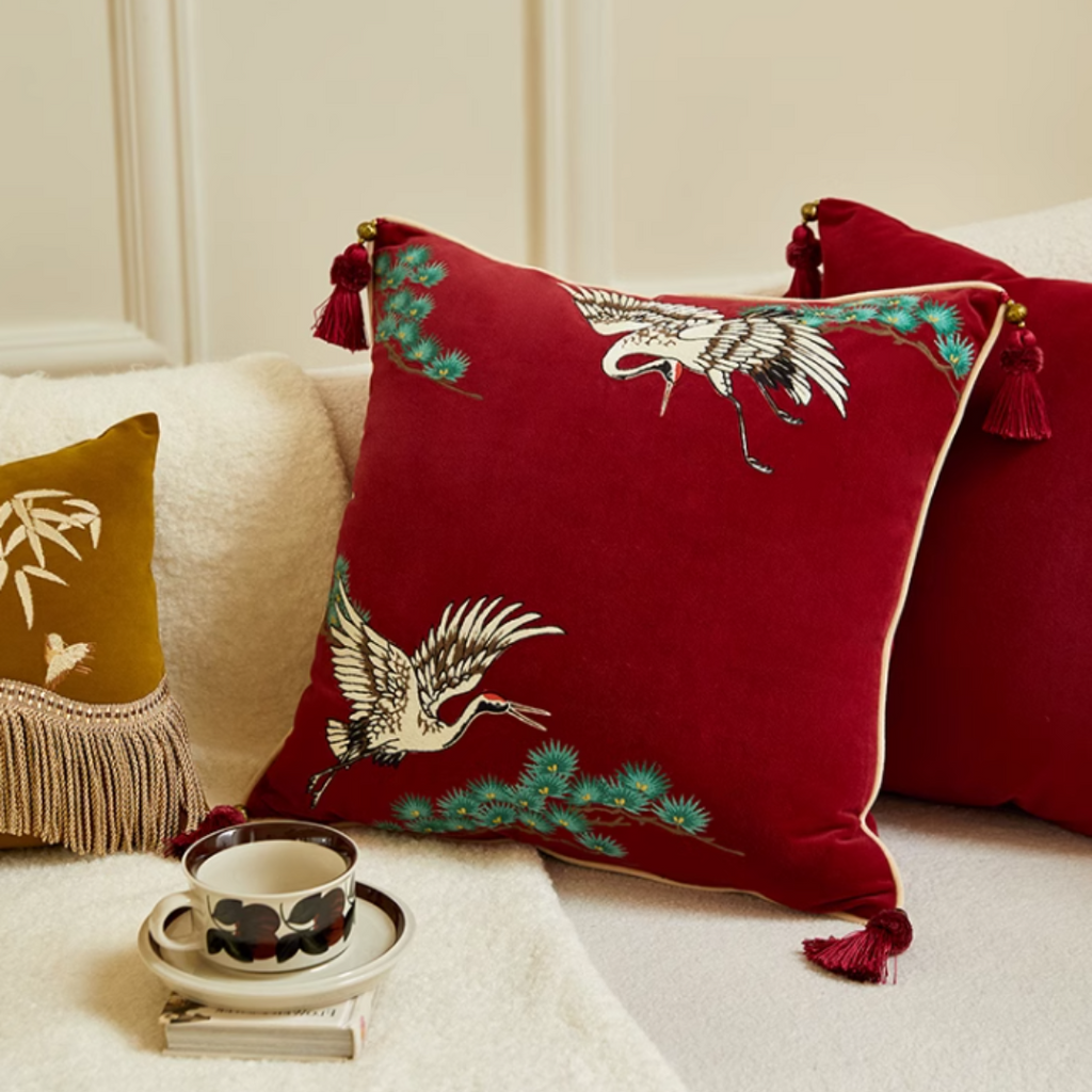 Chinoiserie Crane Cushion and Throw Pillow Collection