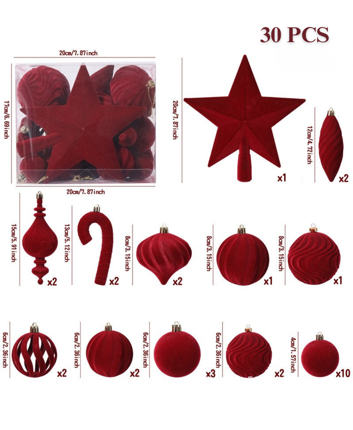 Flocked Christmas Ball Ornaments – 30 pcs