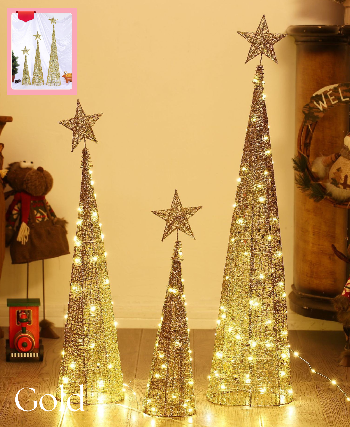 Illuminated Sparkle Iron Christmas Tree Set