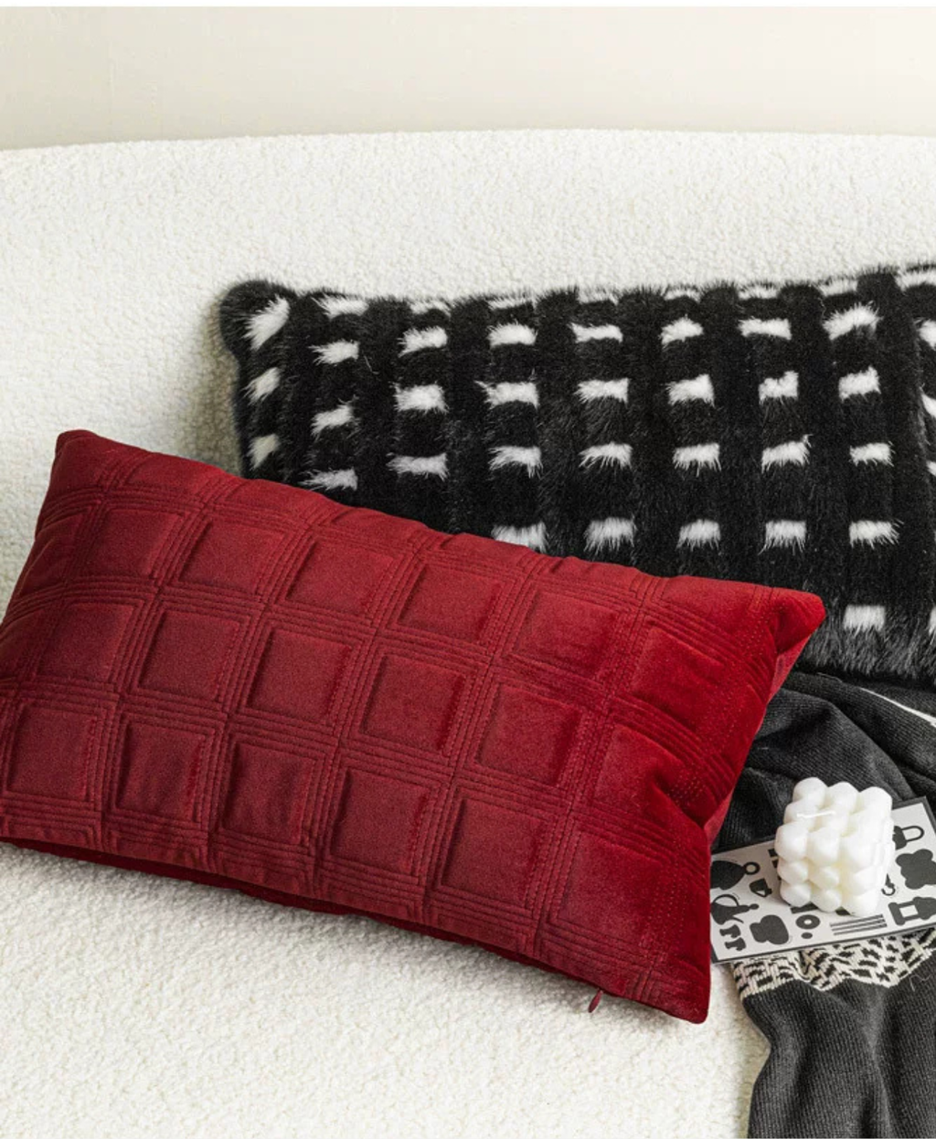 Carmine Grid Lumbar Cushion Cover