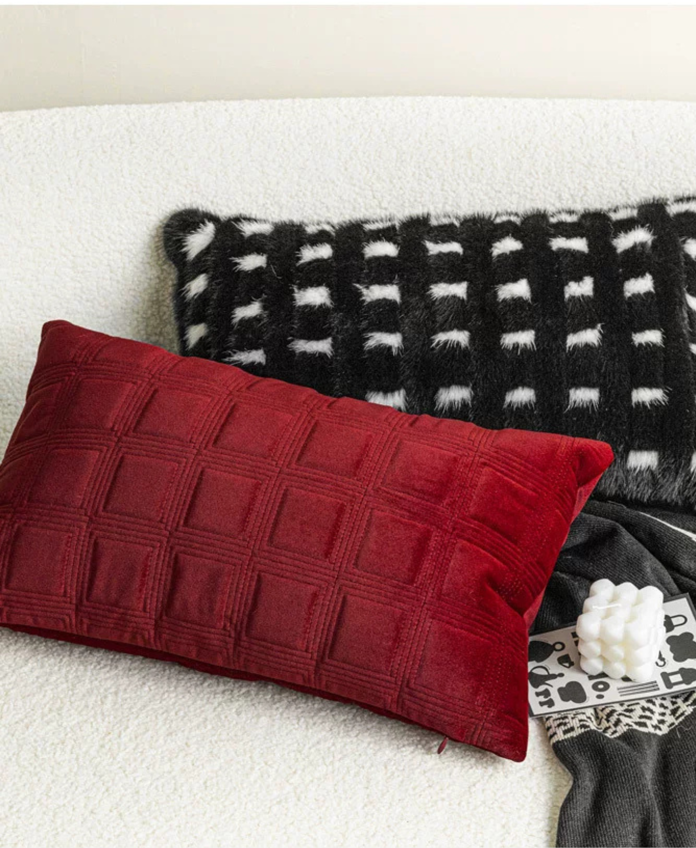 Carmine Grid Lumbar Cushion Cover