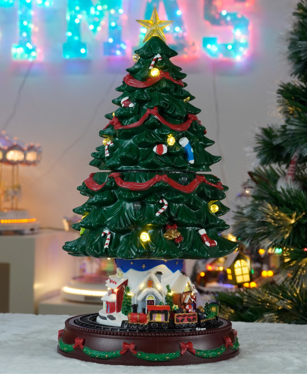 Luminous Tree with Rotating Train Music Box