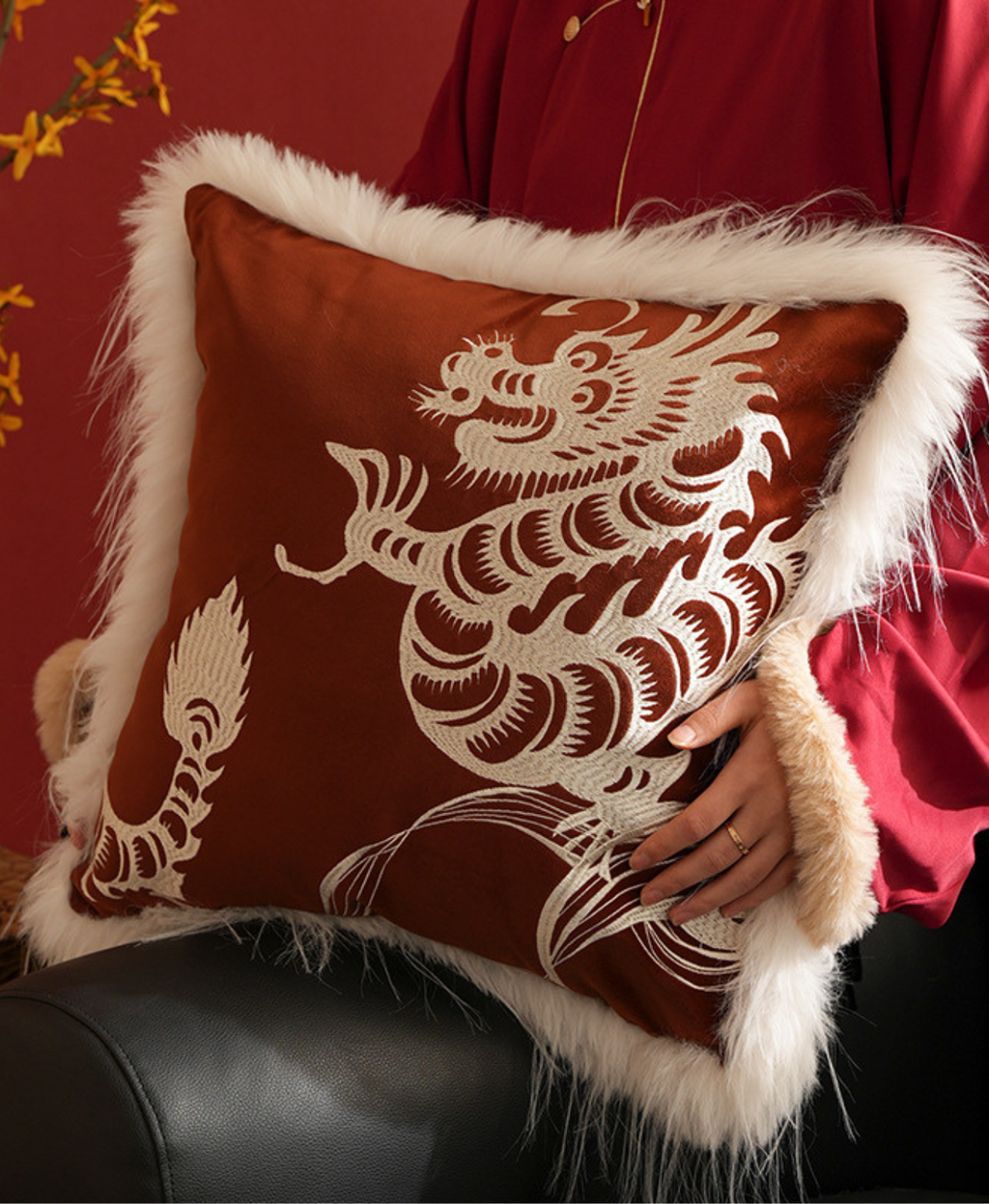 Embroidered Dragon Throw Pillow Case