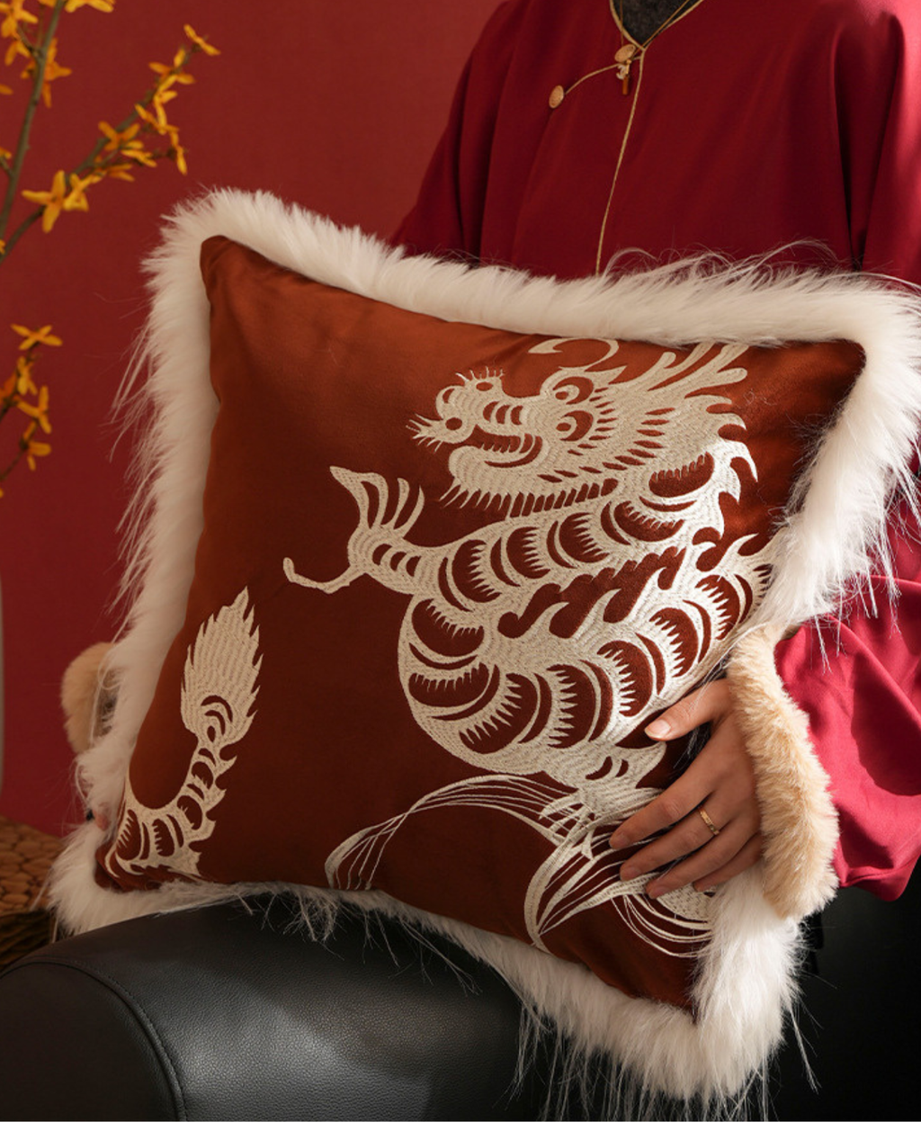 Embroidered Dragon Throw Pillow Case