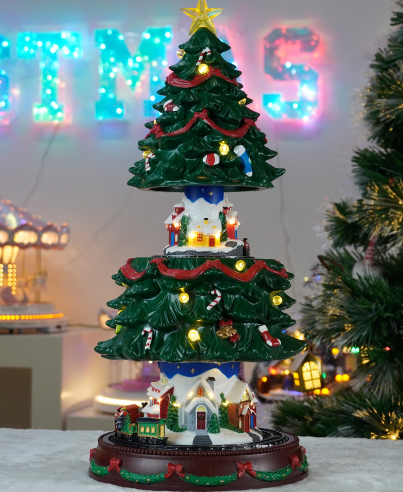 Luminous Tree with Rotating Train Music Box