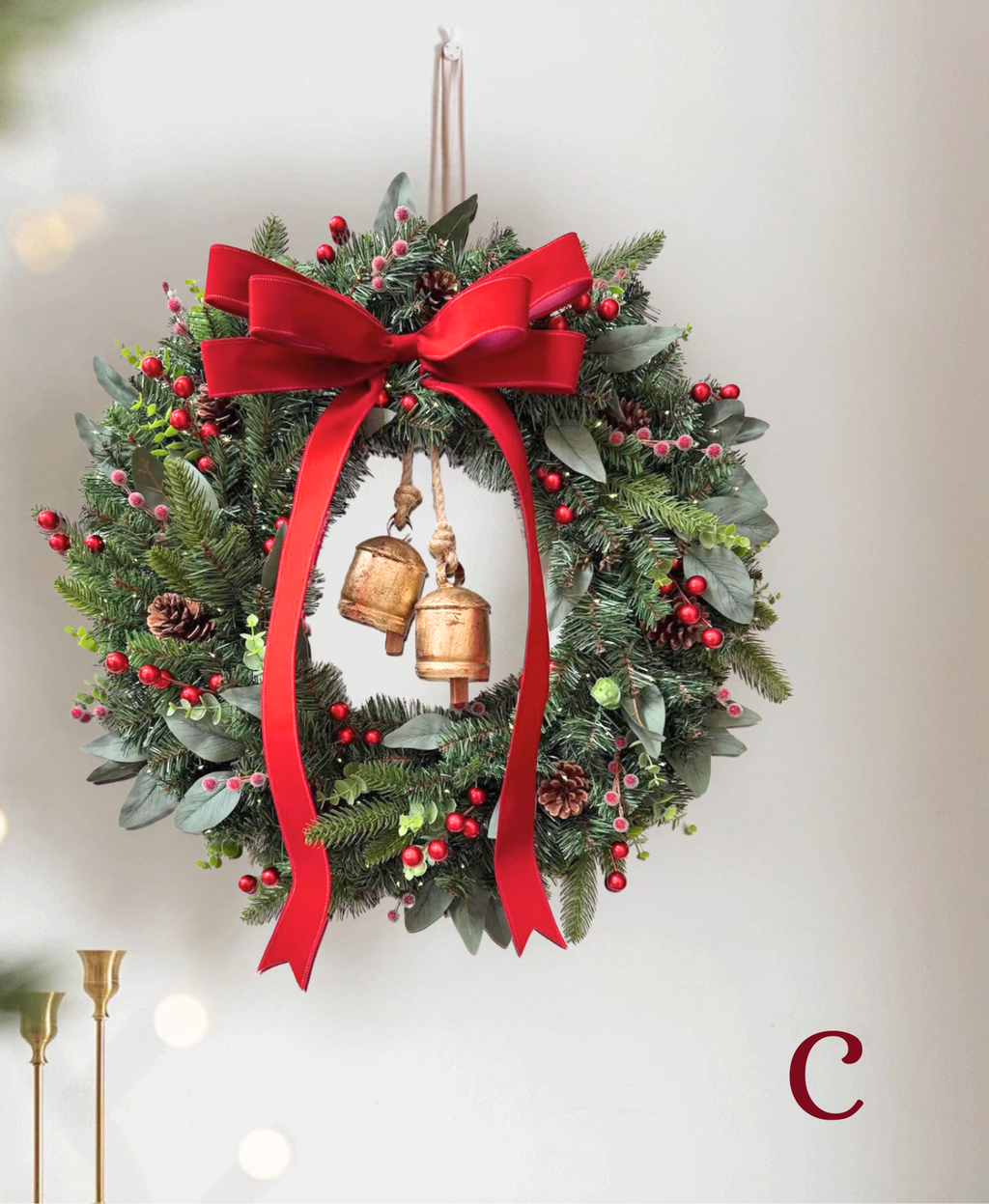 Bell & Bow Wreath with LED Light