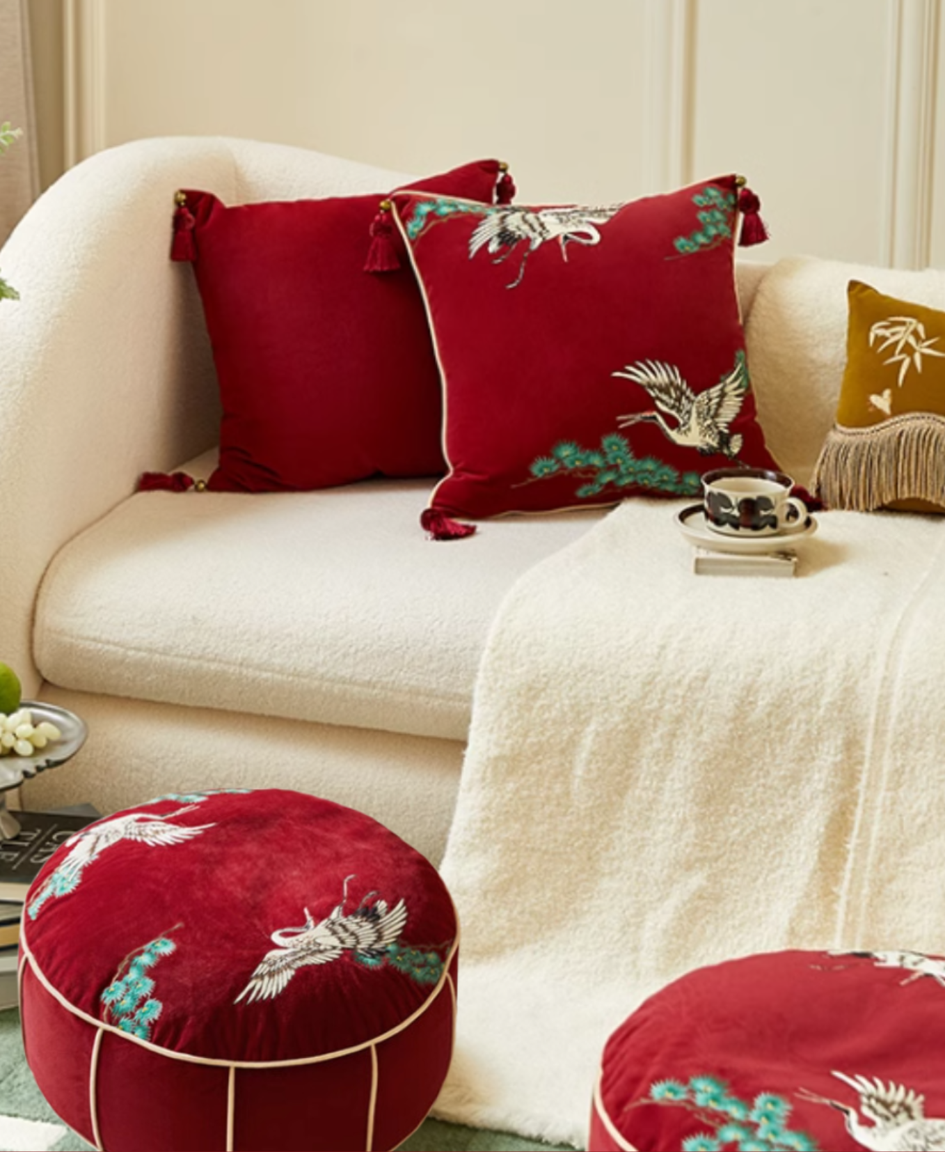 Chinoiserie Crane Cushion and Throw Pillow Collection