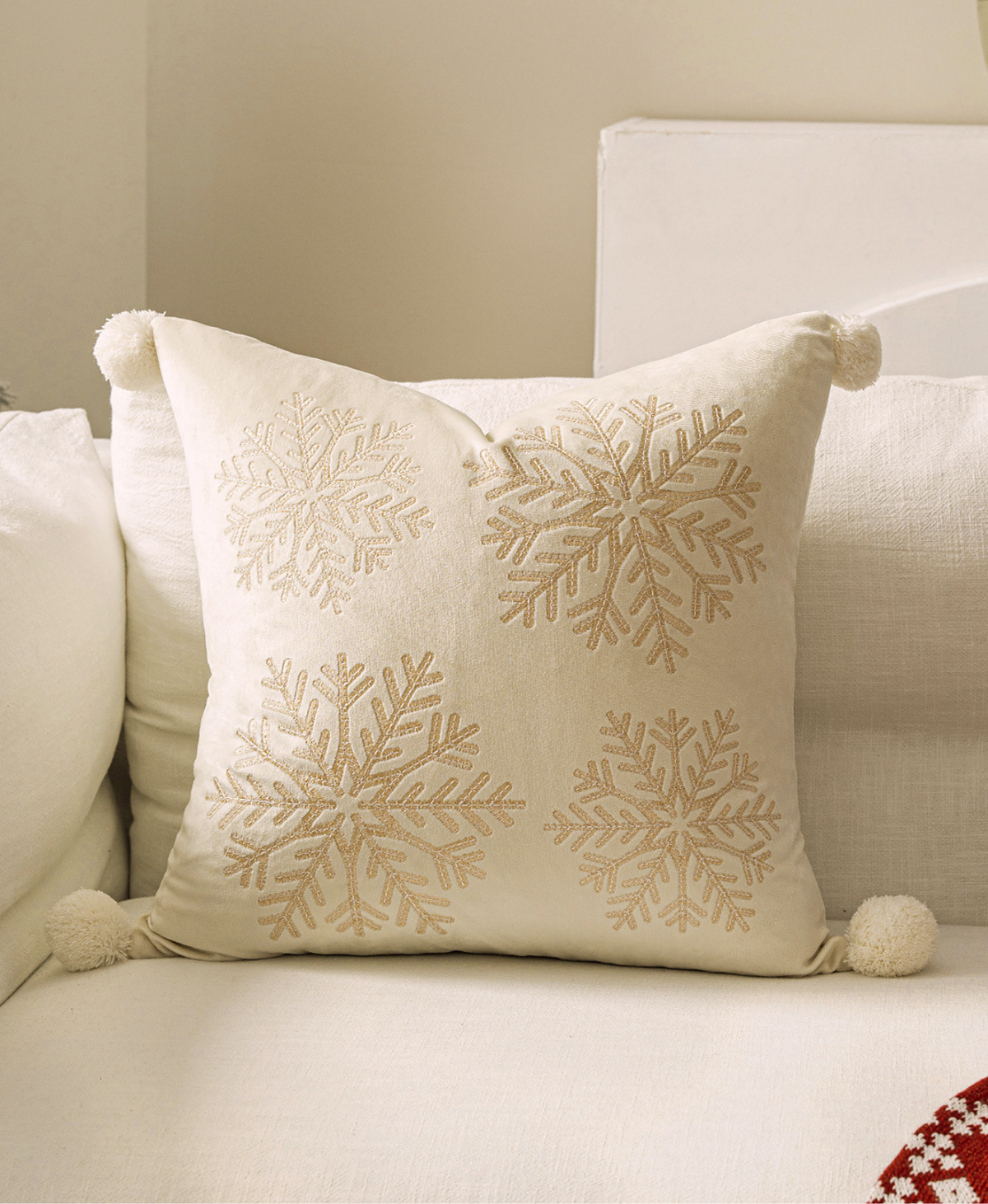Embroidered Snowflake Pom-Pom Pillow Cover