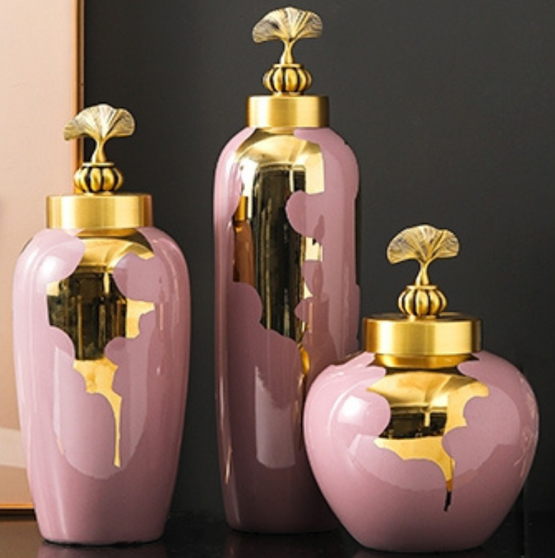Pink Gingko Ginger Jar Vase Set