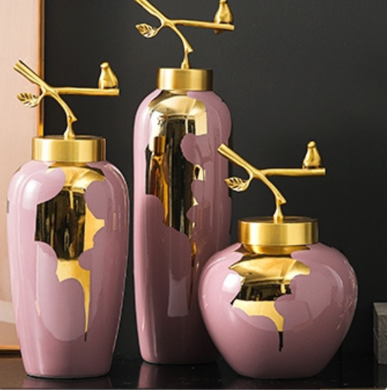 Pink Gingko Ginger Jar Vase Set