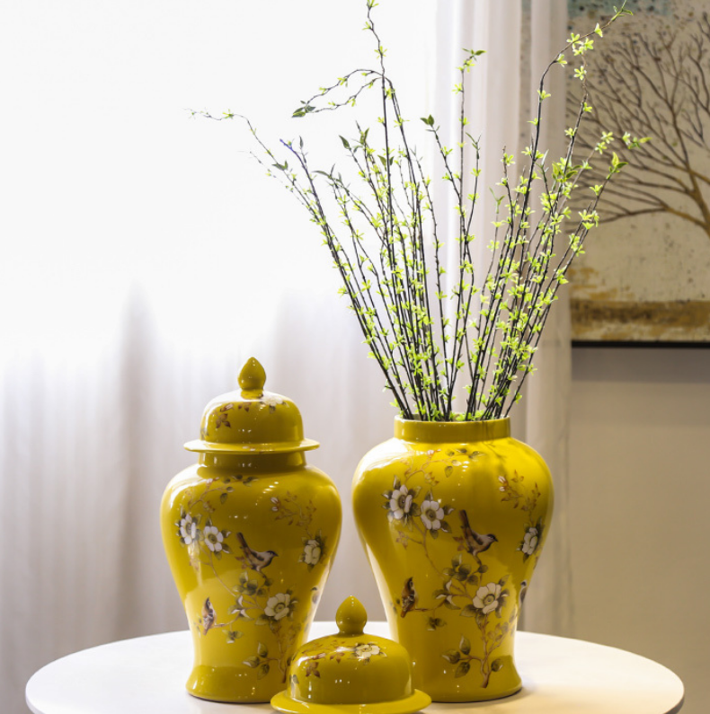 Chinoiserie premium ginger jar ceramic vase - Yellow