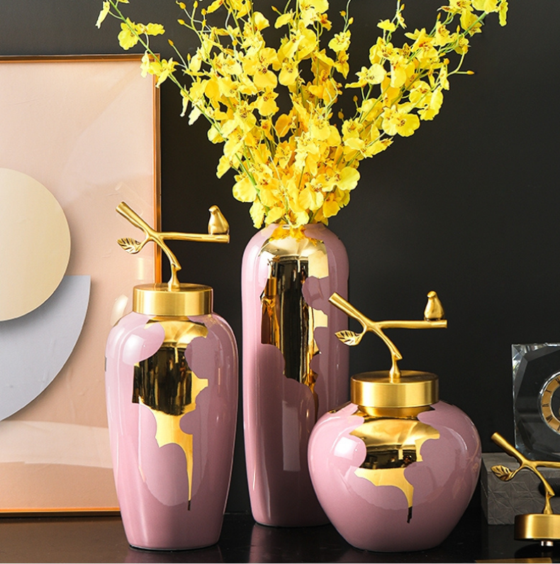 Pink Gingko Ginger Jar Vase Set