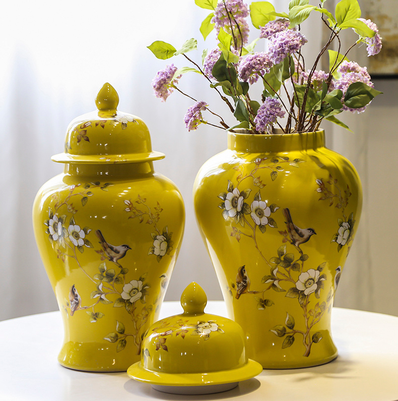 Chinoiserie premium ginger jar ceramic vase - Yellow