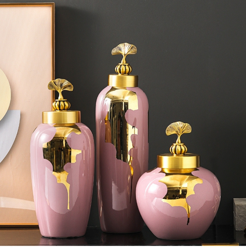 Pink Gingko Ginger Jar Vase Set