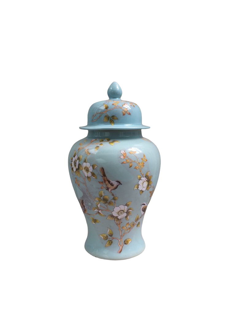 Chinoiserie premium ginger jar ceramic vase - Light Blue